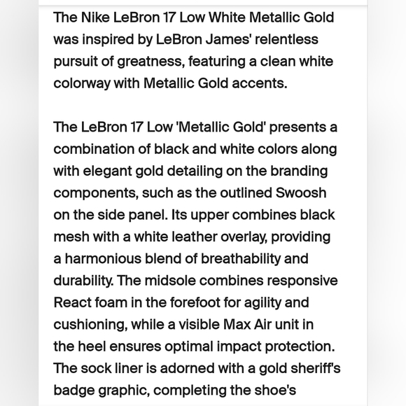 NIKE LEBRON 17 LOW White Metallic Gold - Mens 8 main image 11